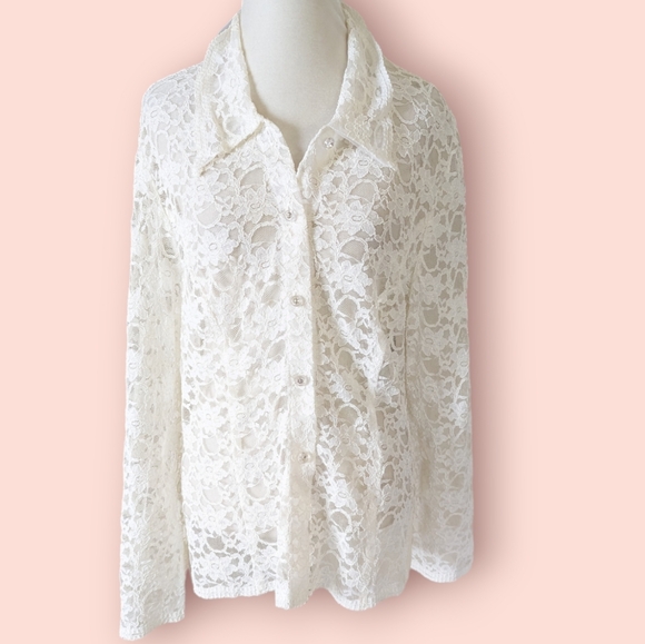 Vintage R&M Richards All Lace Top 14W Ivory Off White Gem Jewel Buttons Sheer 1X - Picture 1 of 6